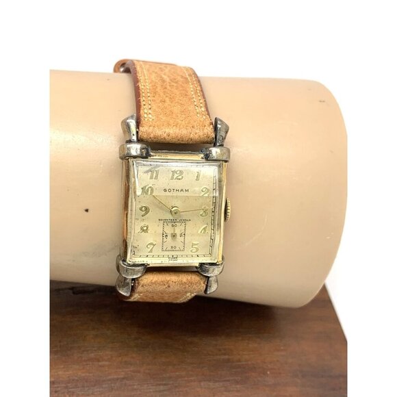 Gotham Suku Watch Swiss Mechanical Tank Vintage Gold Brown Leather Band 22mm main image 4